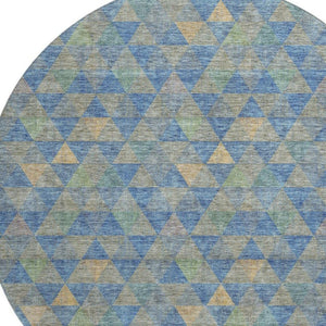HomeRoots 8' Stylish Blue Gold & Gray Geometric Washable Round Rug - UV Protected, Stain Resistant & Durable! 651241