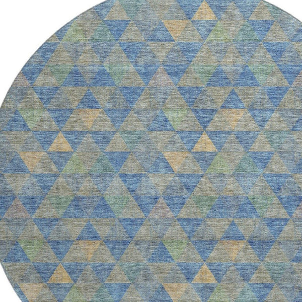 HomeRoots 8' Stylish Blue Gold & Gray Geometric Washable Round Rug - UV Protected, Stain Resistant & Durable! 651241
