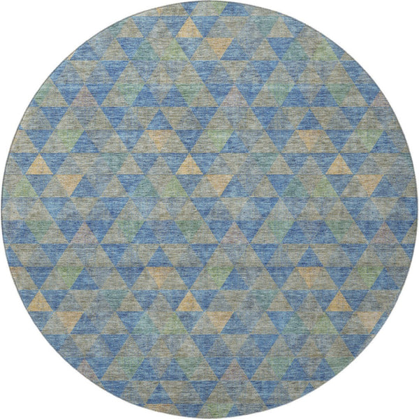 HomeRoots 8' Stylish Blue Gold & Gray Geometric Washable Round Rug - UV Protected, Stain Resistant & Durable! 651241