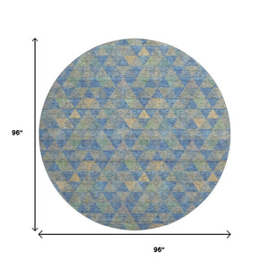 HomeRoots 8' Stylish Blue Gold & Gray Geometric Washable Round Rug - UV Protected, Stain Resistant & Durable! 651241