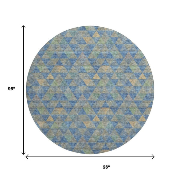 HomeRoots 8' Stylish Blue Gold & Gray Geometric Washable Round Rug - UV Protected, Stain Resistant & Durable! 651241