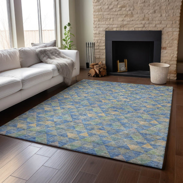 HomeRoots 8' X 10' Blue Gold & Gray Geometric Area Rug - Washable, UV Protected, Durable for High-Traffic Spaces 651242