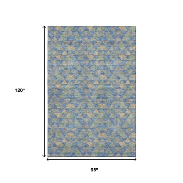 HomeRoots 8' X 10' Blue Gold & Gray Geometric Area Rug - Washable, UV Protected, Durable for High-Traffic Spaces 651242
