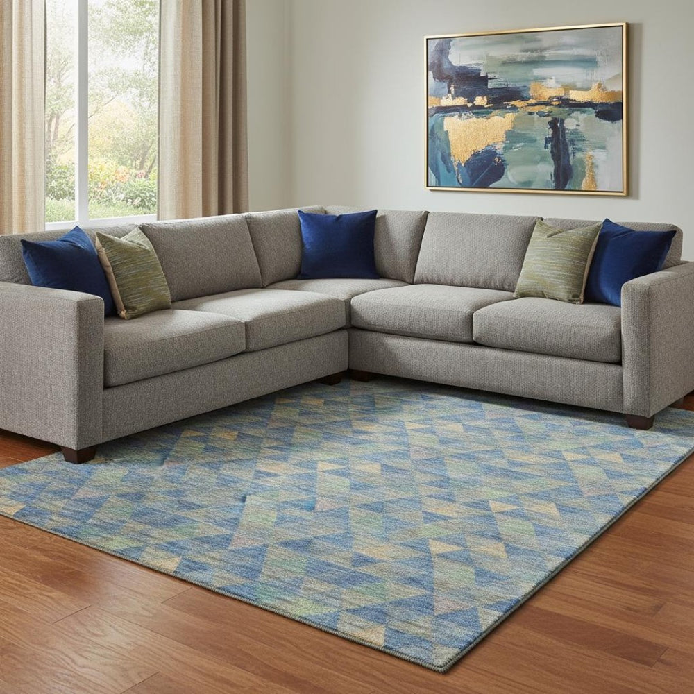HomeRoots 9' X 12' Blue Gold Gray Geometric Area Rug - Stylish, Washable, UV Protected for High-Traffic Areas 651243