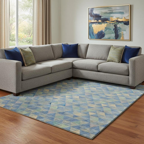 HomeRoots 9' X 12' Blue Gold Gray Geometric Area Rug - Stylish, Washable, UV Protected for High-Traffic Areas 651243
