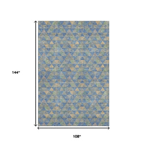 HomeRoots 9' X 12' Blue Gold Gray Geometric Area Rug - Stylish, Washable, UV Protected for High-Traffic Areas 651243