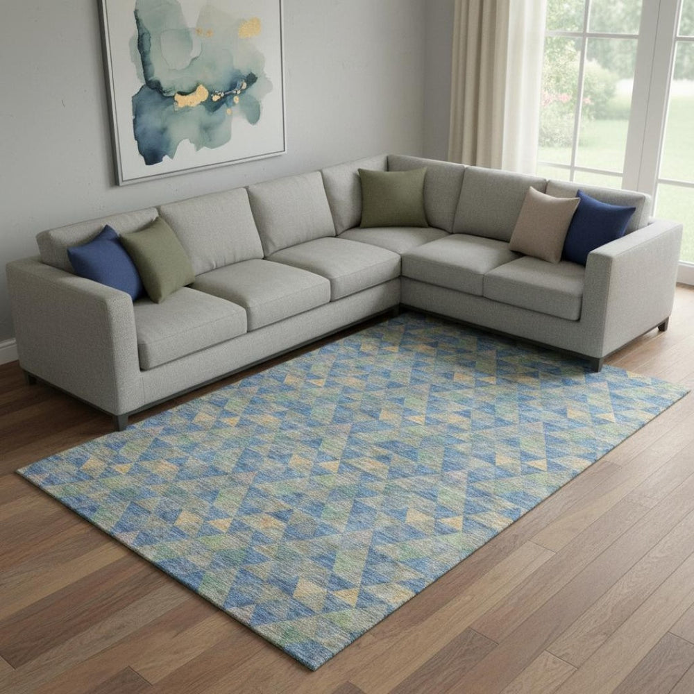 HomeRoots 10' X 14' Blue Gold Gray Geometric Area Rug - Washable, UV-Proof, Stylish for Busy Homes & Spaces 651244