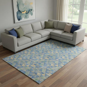 HomeRoots 10' X 14' Blue Gold Gray Geometric Area Rug - Washable, UV-Proof, Stylish for Busy Homes & Spaces 651244