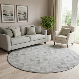 HomeRoots 8' Silver And Ivory Geometric Round Rug - Washable, UV Protected, Stain-Resistant, Ideal for Homes 651247
