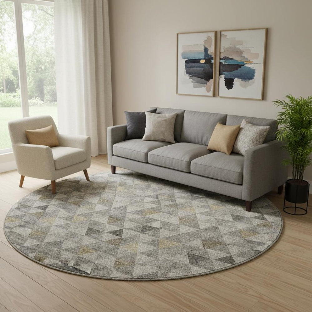 HomeRoots 8' Stylish Taupe Gold Ivory Geometric Washable Round Rug - Stain Resistant, UV Protected, Easy Care 651253