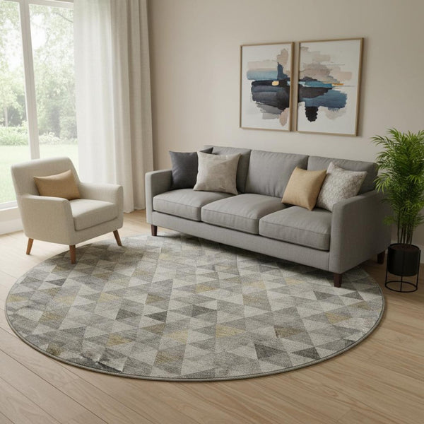 HomeRoots 8' Stylish Taupe Gold Ivory Geometric Washable Round Rug - Stain Resistant, UV Protected, Easy Care 651253
