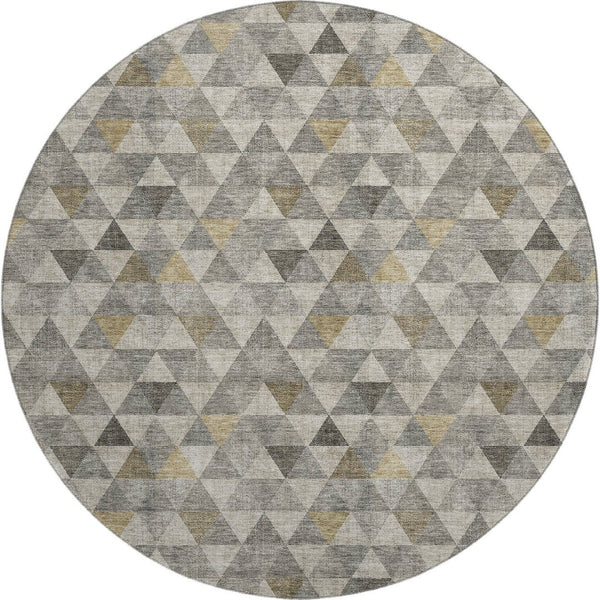 HomeRoots 8' Stylish Taupe Gold Ivory Geometric Washable Round Rug - Stain Resistant, UV Protected, Easy Care 651253