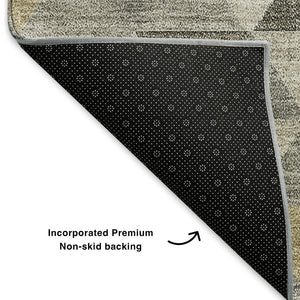 HomeRoots 8' Stylish Taupe Gold Ivory Geometric Washable Round Rug - Stain Resistant, UV Protected, Easy Care 651253