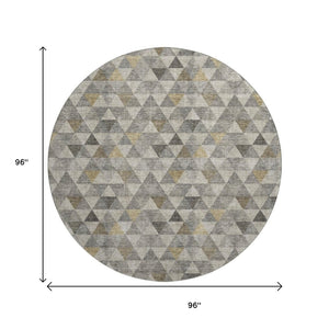 HomeRoots 8' Stylish Taupe Gold Ivory Geometric Washable Round Rug - Stain Resistant, UV Protected, Easy Care 651253