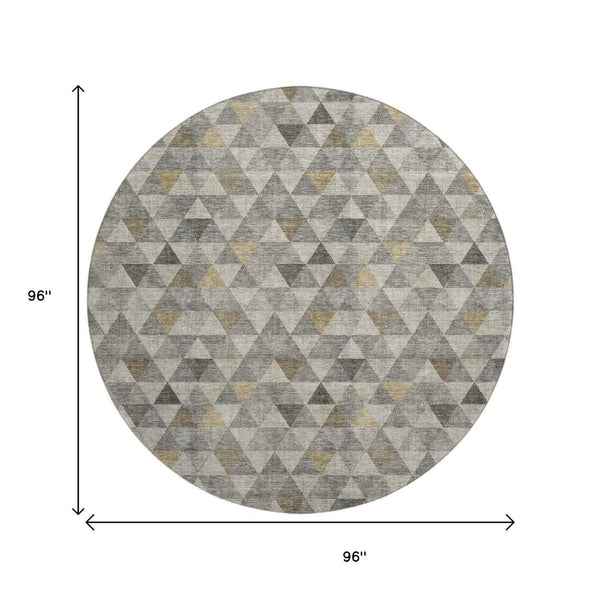 HomeRoots 8' Stylish Taupe Gold Ivory Geometric Washable Round Rug - Stain Resistant, UV Protected, Easy Care 651253