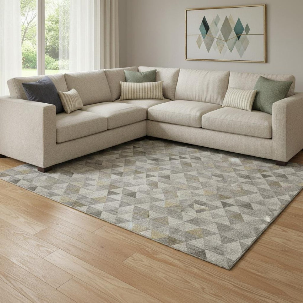 HomeRoots 8' X 10' Modern Taupe Gold Ivory Geometric Washable Rug with UV Protection for High Traffic Areas 651254