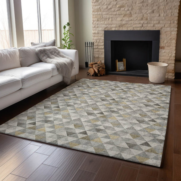 HomeRoots 9' X 12' Taupe Gold & Ivory Geometric Area Rug - Durable, Washable, UV-Protected for Modern Spaces 651255