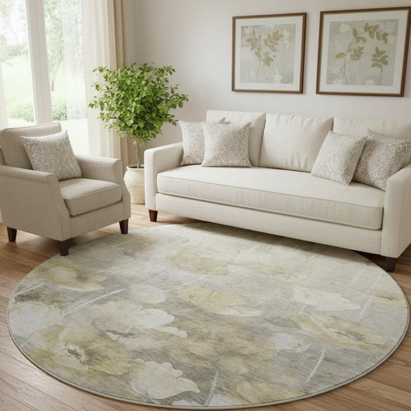HomeRoots 8' Elegant Beige Gray Ivory Floral Washable Round Rug - Durable, Stain-Resistant & UV Protected 651259