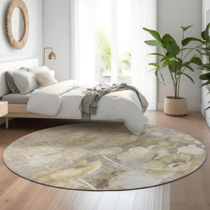 HomeRoots 8' Elegant Beige Gray Ivory Floral Washable Round Rug - Durable, Stain-Resistant & UV Protected 651259