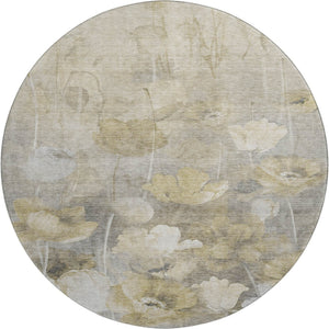 HomeRoots 8' Elegant Beige Gray Ivory Floral Washable Round Rug - Durable, Stain-Resistant & UV Protected 651259
