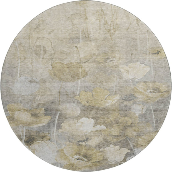 HomeRoots 8' Elegant Beige Gray Ivory Floral Washable Round Rug - Durable, Stain-Resistant & UV Protected 651259