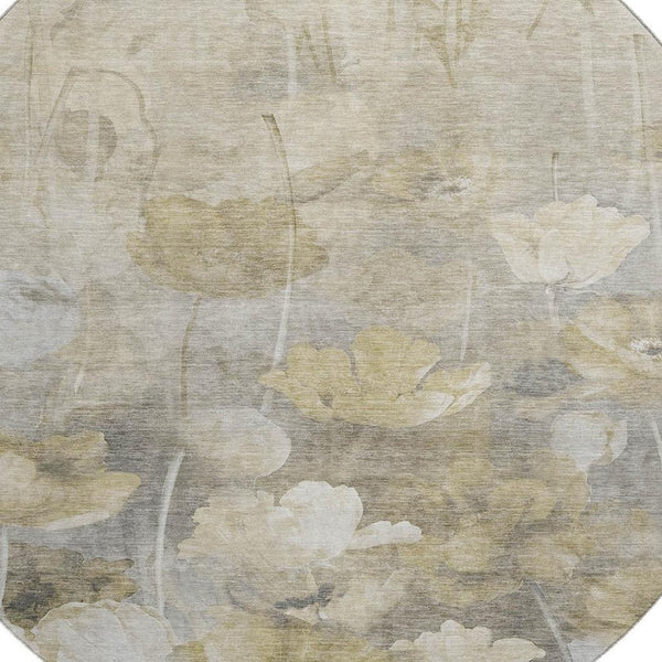 HomeRoots 8' Elegant Beige Gray Ivory Floral Washable Round Rug - Durable, Stain-Resistant & UV Protected 651259