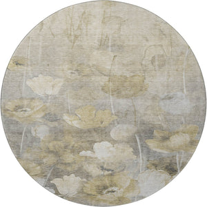 HomeRoots 8' Elegant Beige Gray Ivory Floral Washable Round Rug - Durable, Stain-Resistant & UV Protected 651259