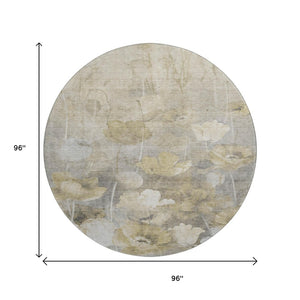 HomeRoots 8' Elegant Beige Gray Ivory Floral Washable Round Rug - Durable, Stain-Resistant & UV Protected 651259