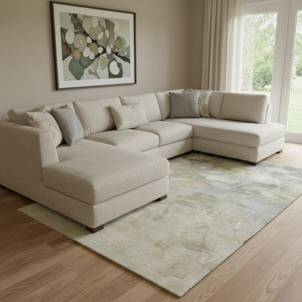 HomeRoots 9' X 12' Washable Floral Area Rug - Beige, Gray & Ivory with UV Protection for High-Traffic Homes 651261