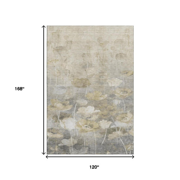 HomeRoots 10' X 14' Floral Area Rug in Beige, Gray & Ivory - Washable, Stain Resistant, UV Protected Design 651262