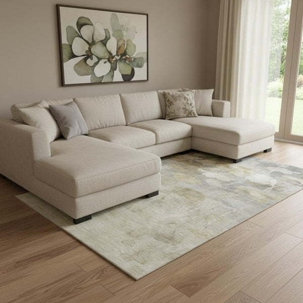 HomeRoots 10' X 14' Floral Area Rug in Beige, Gray & Ivory - Washable, Stain Resistant, UV Protected Design 651262