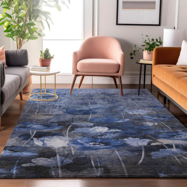 HomeRoots 5' X 8' Blue Ivory Gray Floral Area Rug - Washable, Stain Resistant & UV Protected for Durability 651264