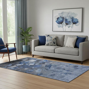 HomeRoots 5' X 8' Blue Ivory Gray Floral Area Rug - Washable, Stain Resistant & UV Protected for Durability 651264