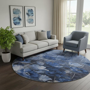 HomeRoots 8' Elegant Blue Ivory Gray Floral Washable Round Rug - UV Protected, Stain-Resistant & Durable! 651265