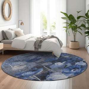 HomeRoots 8' Elegant Blue Ivory Gray Floral Washable Round Rug - UV Protected, Stain-Resistant & Durable! 651265