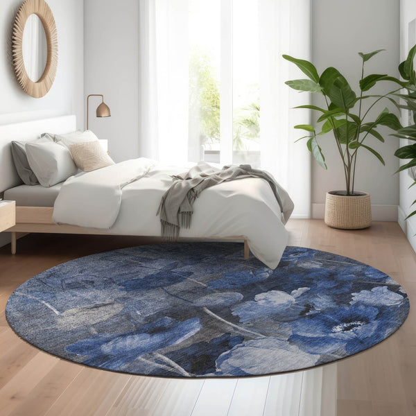 HomeRoots 8' Elegant Blue Ivory Gray Floral Washable Round Rug - UV Protected, Stain-Resistant & Durable! 651265