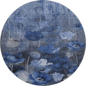 HomeRoots 8' Elegant Blue Ivory Gray Floral Washable Round Rug - UV Protected, Stain-Resistant & Durable! 651265