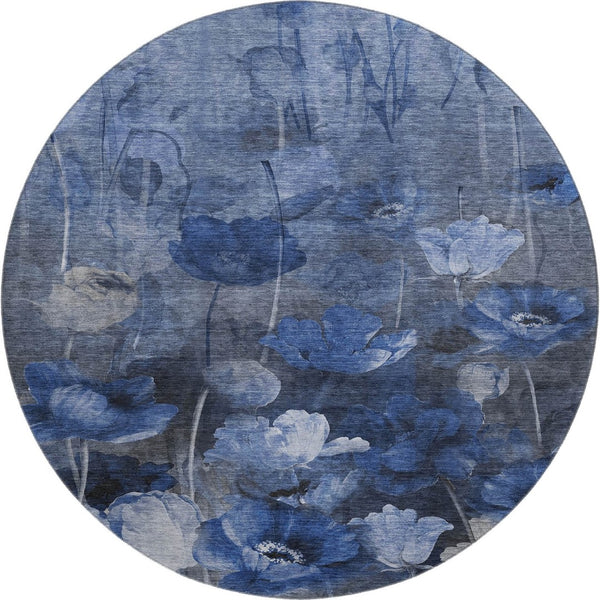 HomeRoots 8' Elegant Blue Ivory Gray Floral Washable Round Rug - UV Protected, Stain-Resistant & Durable! 651265