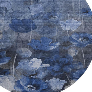 HomeRoots 8' Elegant Blue Ivory Gray Floral Washable Round Rug - UV Protected, Stain-Resistant & Durable! 651265