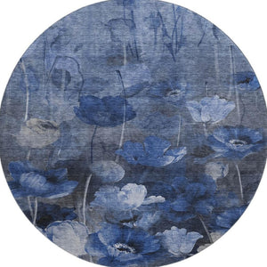 HomeRoots 8' Elegant Blue Ivory Gray Floral Washable Round Rug - UV Protected, Stain-Resistant & Durable! 651265
