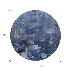 HomeRoots 8' Elegant Blue Ivory Gray Floral Washable Round Rug - UV Protected, Stain-Resistant & Durable! 651265