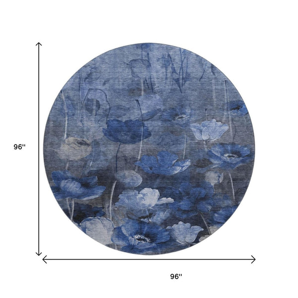 HomeRoots 8' Elegant Blue Ivory Gray Floral Washable Round Rug - UV Protected, Stain-Resistant & Durable! 651265