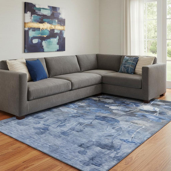 HomeRoots 8' X 10' Floral Area Rug in Blue, Ivory & Gray - Washable, UV-Protected, Perfect for Busy Homes! 651266