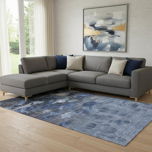 HomeRoots 9' X 12' Blue Ivory Gray Floral Area Rug – Stain Resistant, UV Protected, Durable for Family Homes 651267