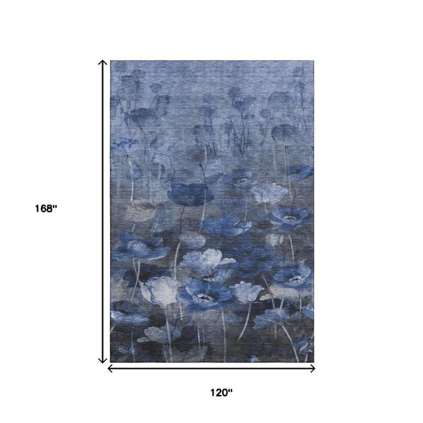 HomeRoots 10' X 14' Blue Ivory Gray Floral Washable Area Rug - Durable, UV-Resistant, Ideal for Homes with Kids & Pets 651268