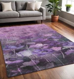 HomeRoots 5' X 8' Floral Washable Area Rug in Purple, Gray & Ivory - Durable, UV Protected, Perfect for Families! 651270