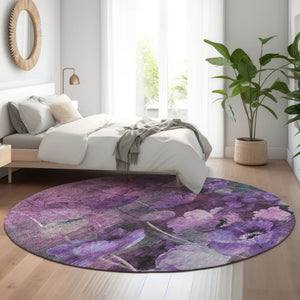 HomeRoots 8' Floral Washable Round Rug in Purple, Gray & Ivory - Durable, Stain-Resistant, UV Protected Design 651271