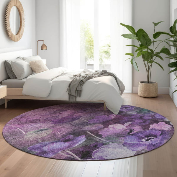 HomeRoots 8' Floral Washable Round Rug in Purple, Gray & Ivory - Durable, Stain-Resistant, UV Protected Design 651271