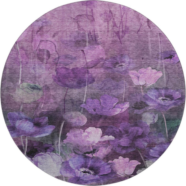 HomeRoots 8' Floral Washable Round Rug in Purple, Gray & Ivory - Durable, Stain-Resistant, UV Protected Design 651271