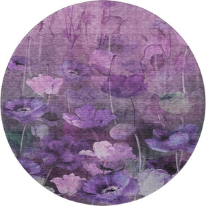 HomeRoots 8' Floral Washable Round Rug in Purple, Gray & Ivory - Durable, Stain-Resistant, UV Protected Design 651271